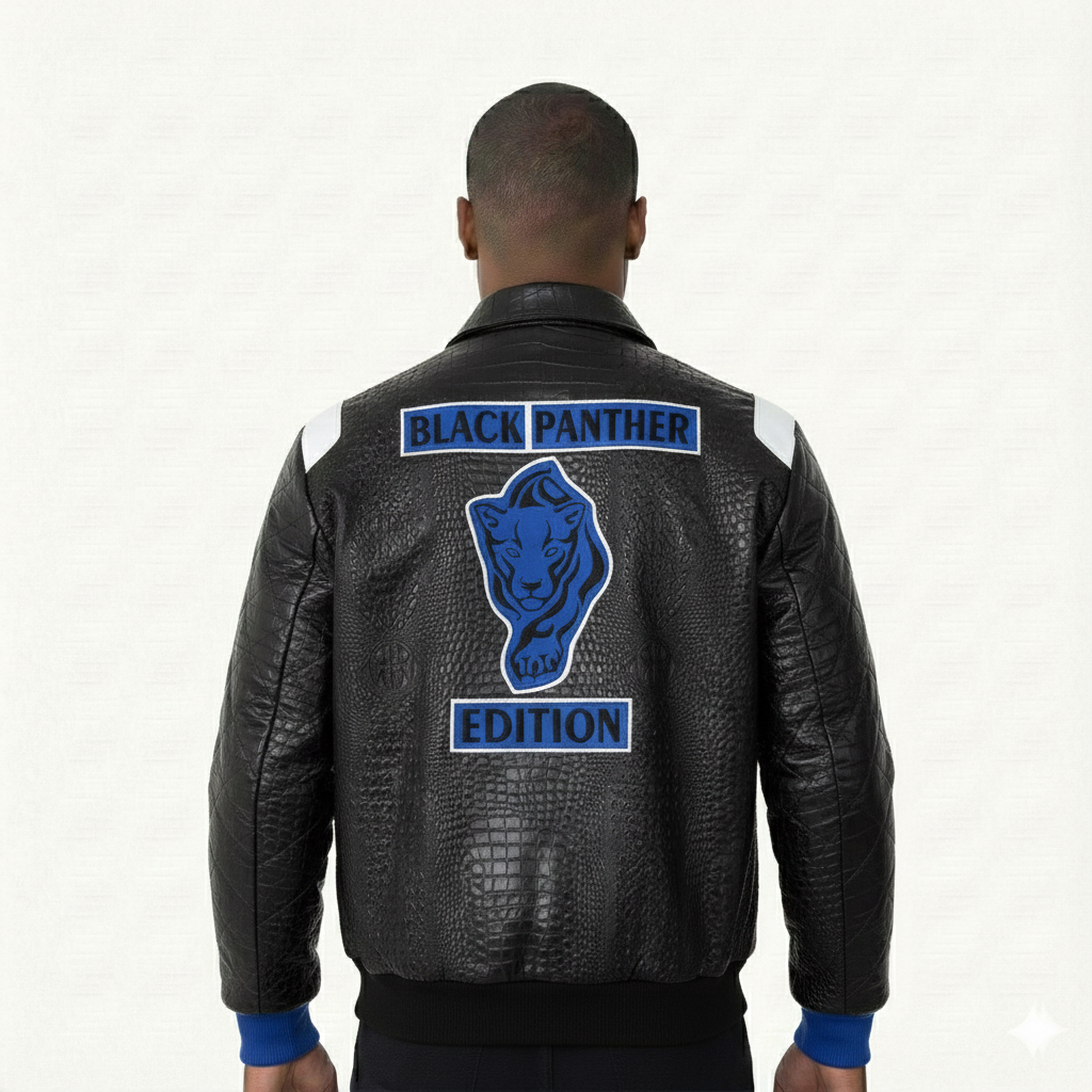 Breyer's Majestic Spirit Black Royal Blue Pattern Bomber Leather Jacket
