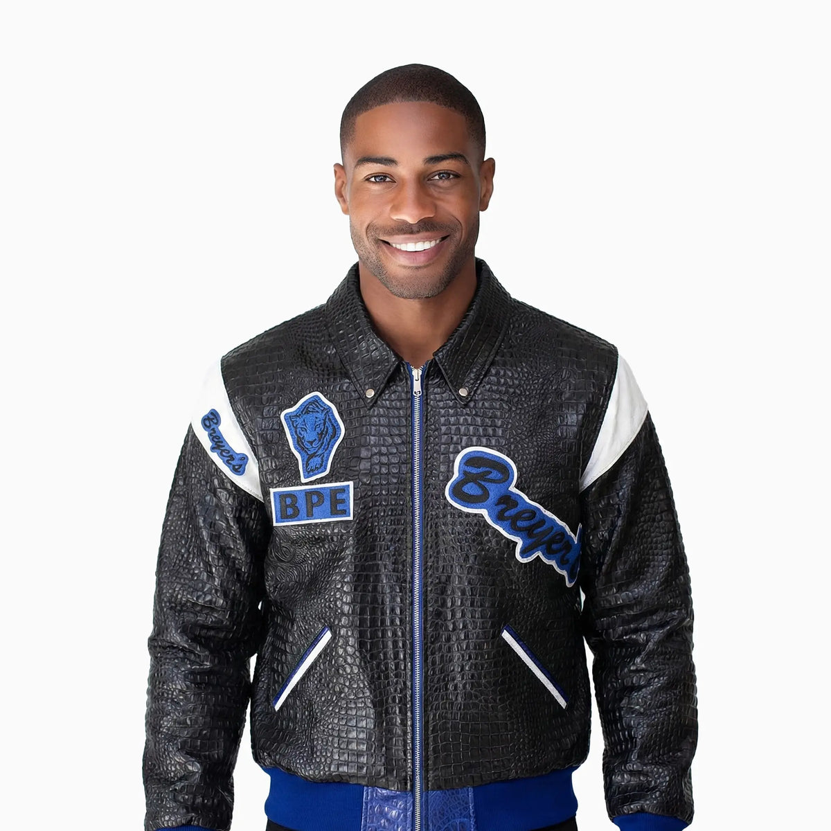 Breyer's Majestic Spirit Black Royal Blue Pattern Bomber Leather Jacket