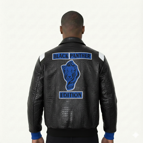 Breyer's Majestic Spirit Black Royal Blue Pattern Bomber Leather Jacket