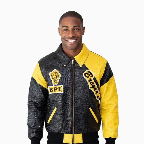 Breyer's Majestic Spirit Black Yellow Pattern Bomber Leather Jacket