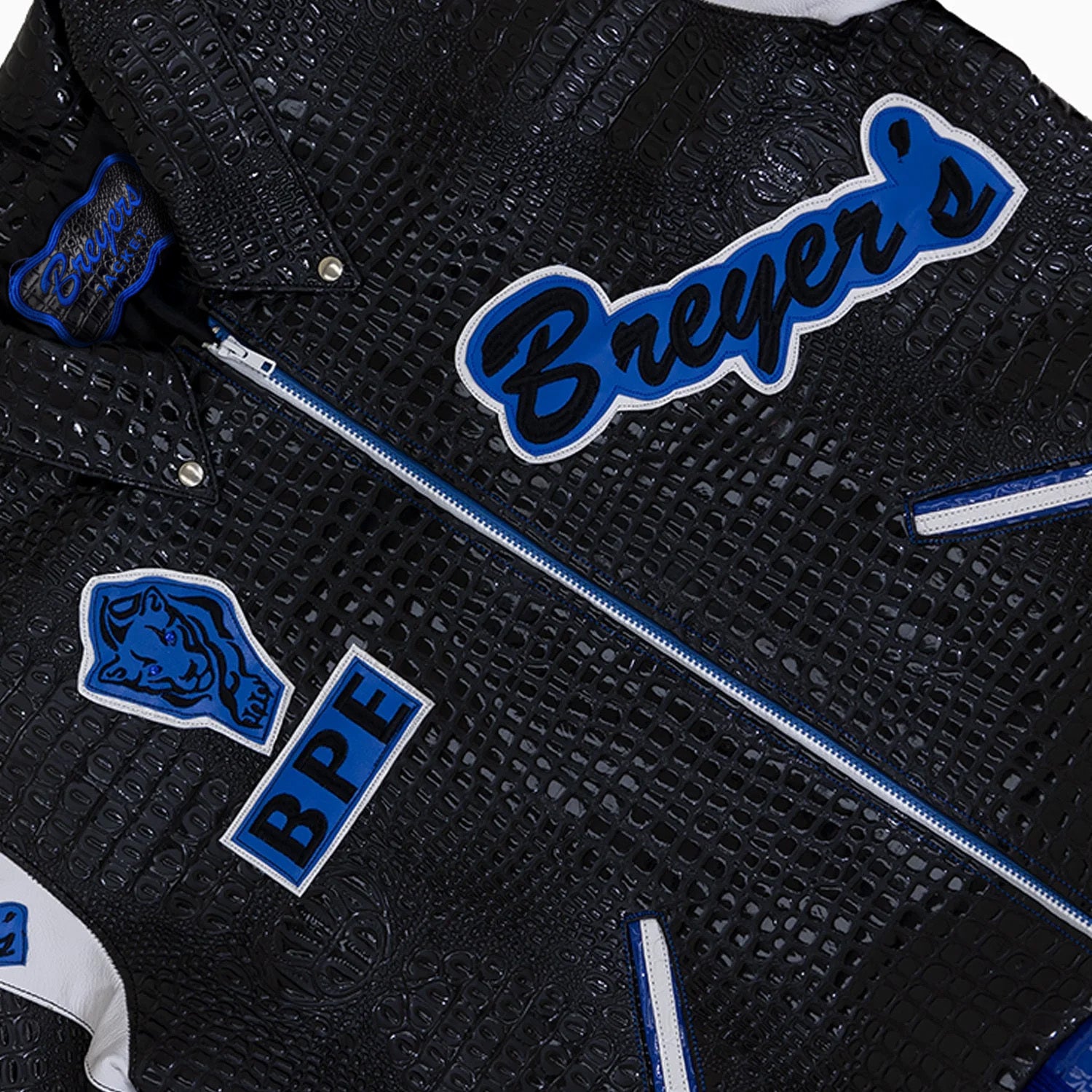 Breyer's Majestic Spirit Black Royal Blue Pattern Bomber Leather Jacket
